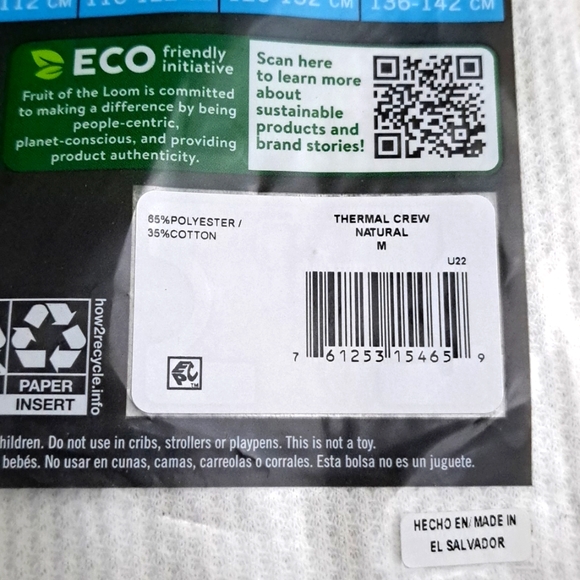 Fruit of The Loom Men's Thermal Crew Neck Shirt, Cream, Size M - Picture 6 of 6